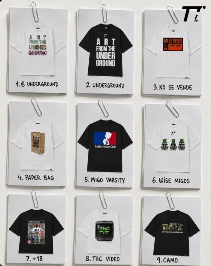 Algunos de los diseños de camiseta de Traffic House Club.